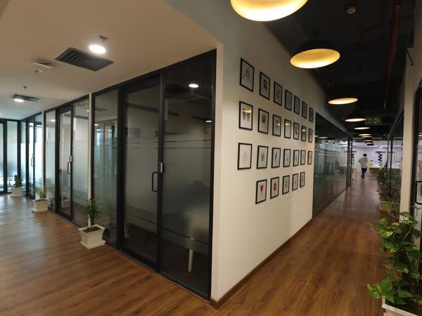Corridor with glass cabins